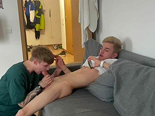 A man gives a blowjob to a student he invited over and brings him to orgasm.