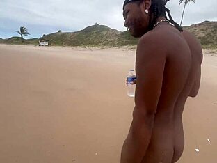 African twink and girlfriend go bareback at a nudist beach