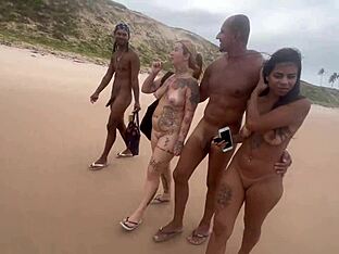 African twink and girlfriend go bareback at a nudist beach