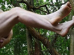 Gay men having fun outdoors with pissing and masturbation fetish