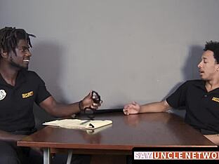 Big black cock drills muscle security officer at work