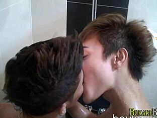 Straight Asian guy showers with stud