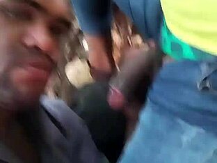 A gay black man gives a blowjob outdoors in a park