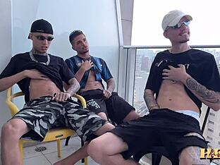 Inked gay man gets double penetration