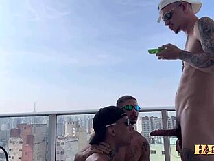 Inked gay man gets double penetration