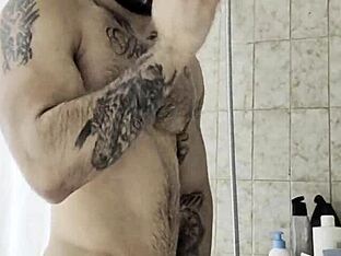 Dude takes shower, then wanks his big cock